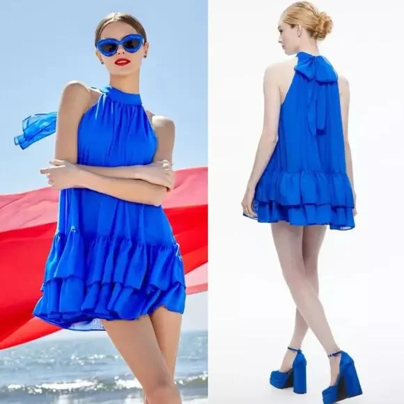 Alice and Olivia Erna Tiered Mock Neck Halter Cape Tie Back Chiffon Mini Dress S - www.joarbit.com Alice and Olivia Erna Tiered Mock Neck Halter Cape Tie Back Chiffon Mini Dress S - www.joarbit.com